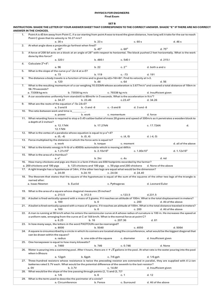 Physics For Engineers Set B | PDF | Force | Elementary Geometry