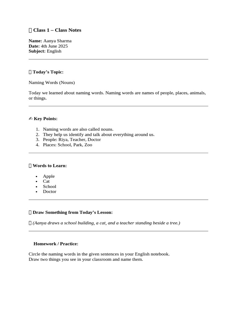 Understanding Nouns: Class 1 Notes | PDF