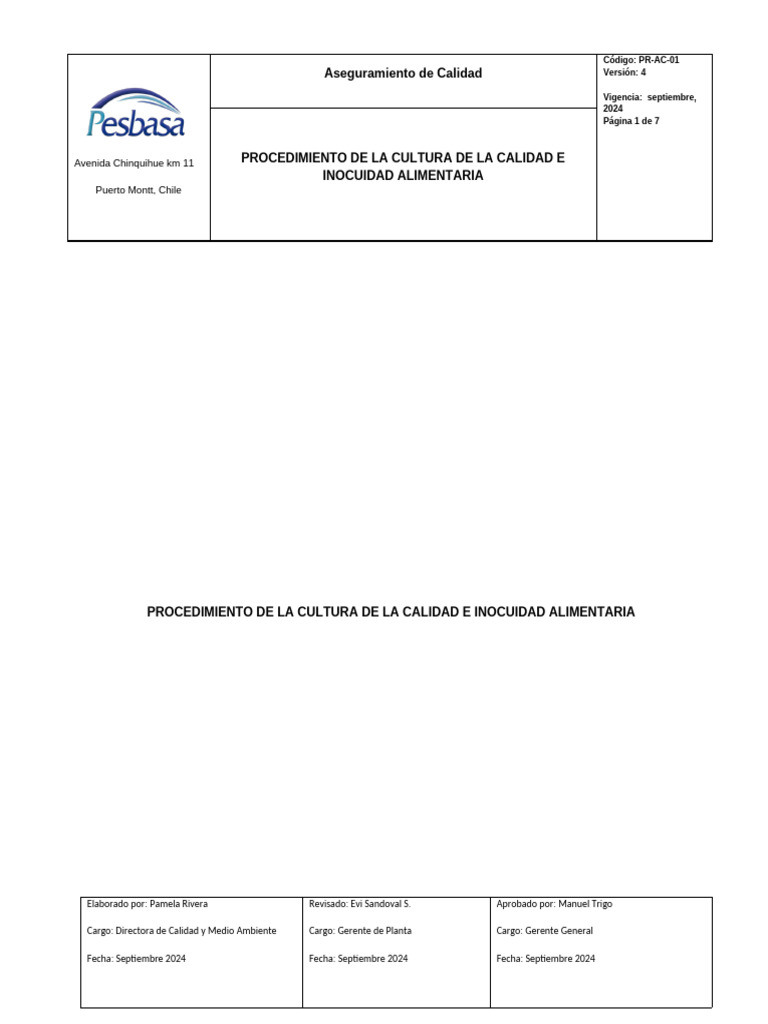 Procedimiento de Calidad e Inocuidad Alimentaria | PDF | Seguridad ...