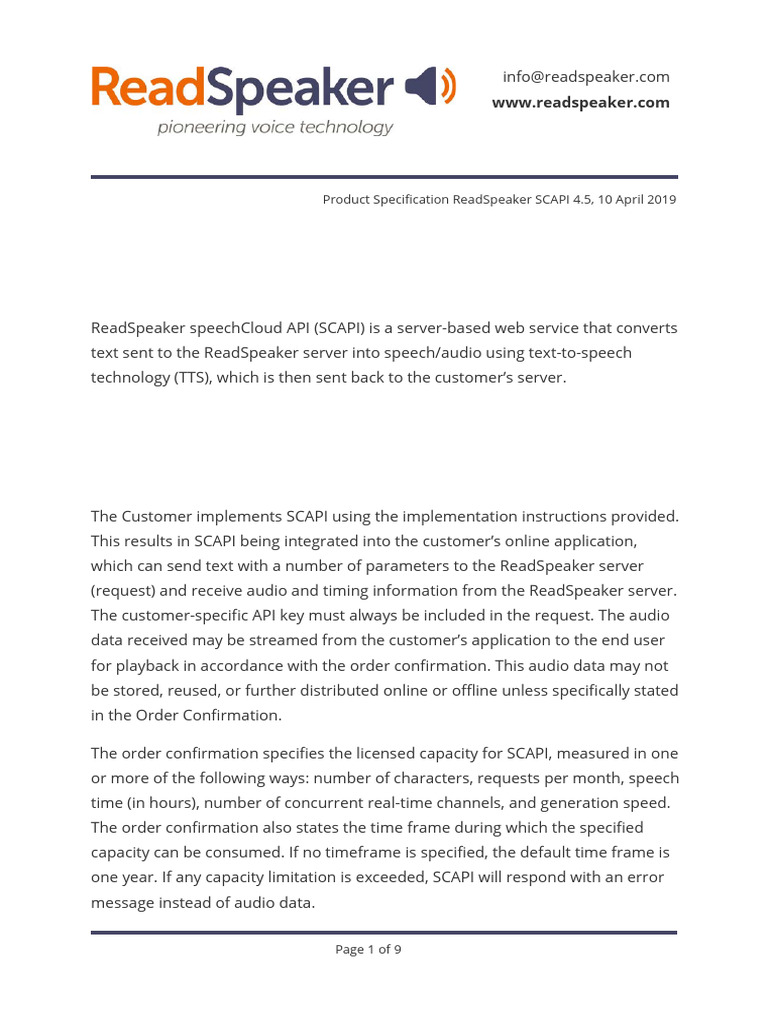 Product Specification ReadSpeaker Speechcloud API (SCAPI) 4.5 - 05 ...