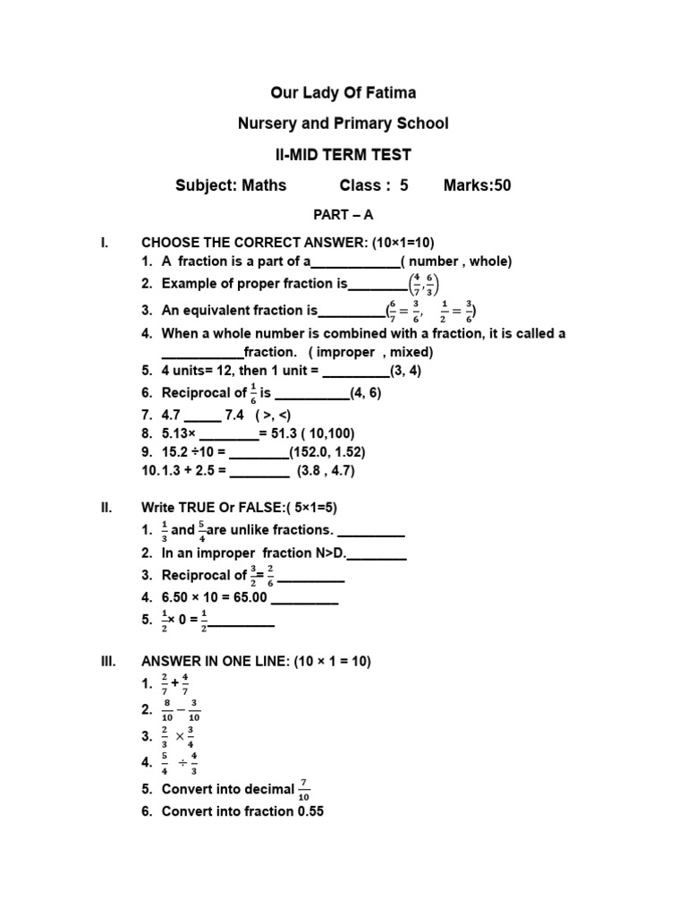 Class 5 Maths Mid Term Test Paper | PDF | Numbers | Chess