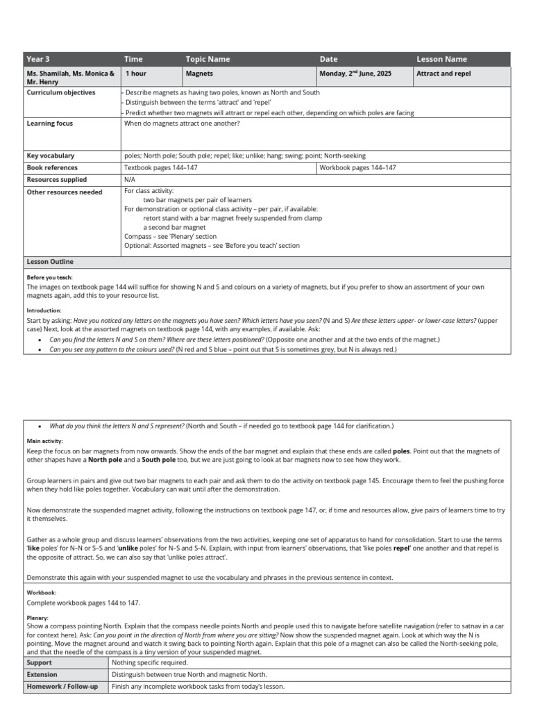 Year 3 Magnet Lessons Overview | PDF | Magnet | Compass