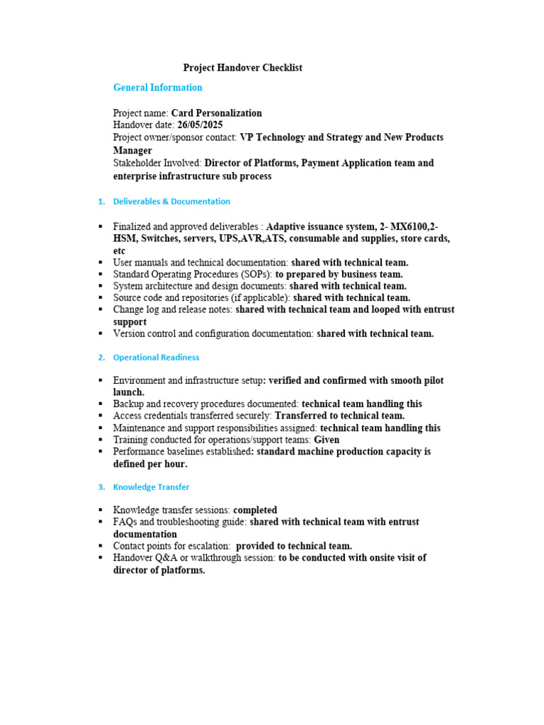 Card Personalization Project Handover Checklist | PDF | Computing ...