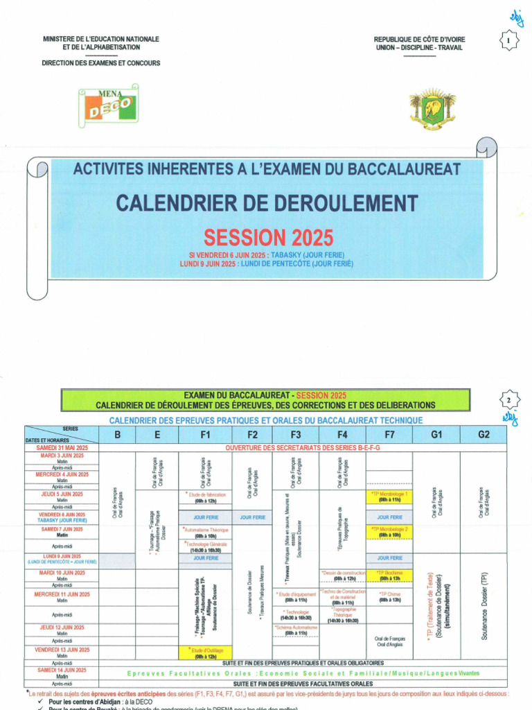 Calendrier Bac 2025 Côte d'Ivoire | PDF | Qualifications | France