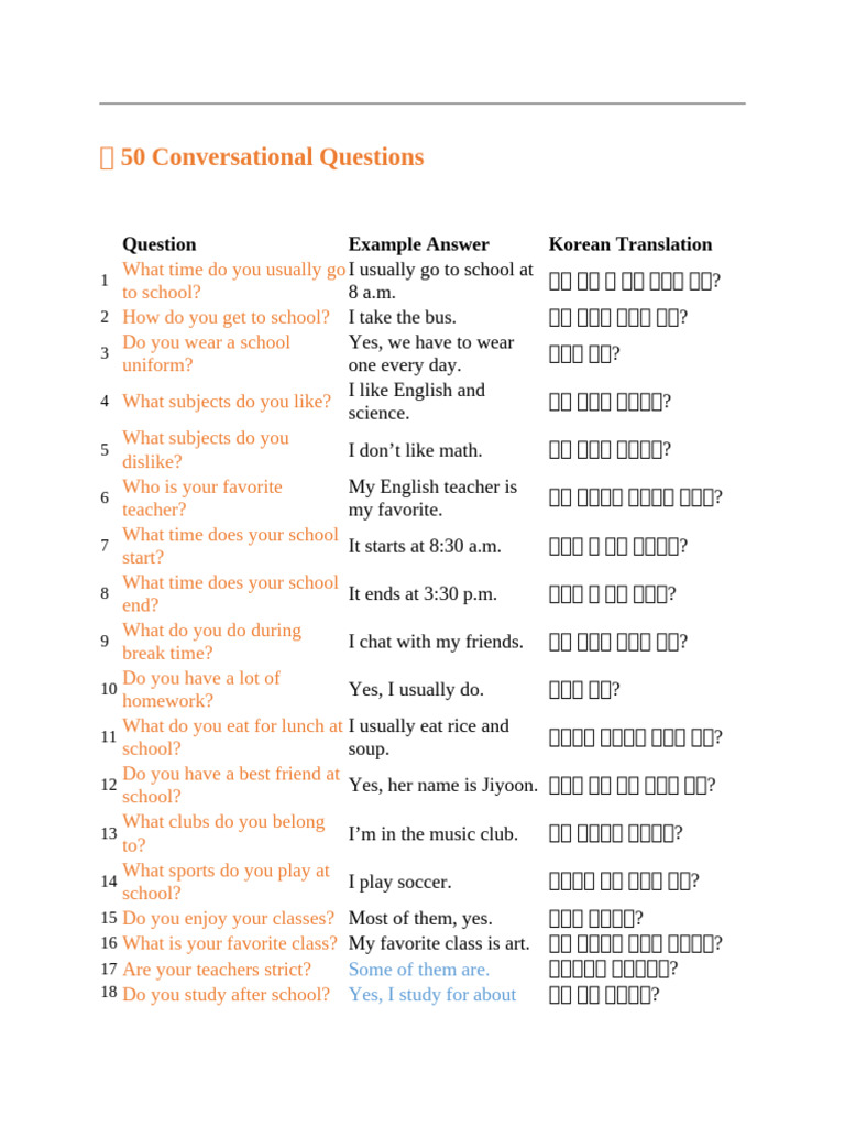 Action Word Memorization and Activity 50 Coversational Questions ...