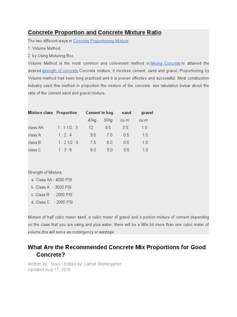 Concrete Proportion and Concrete Mixture Ratio Concrete Building