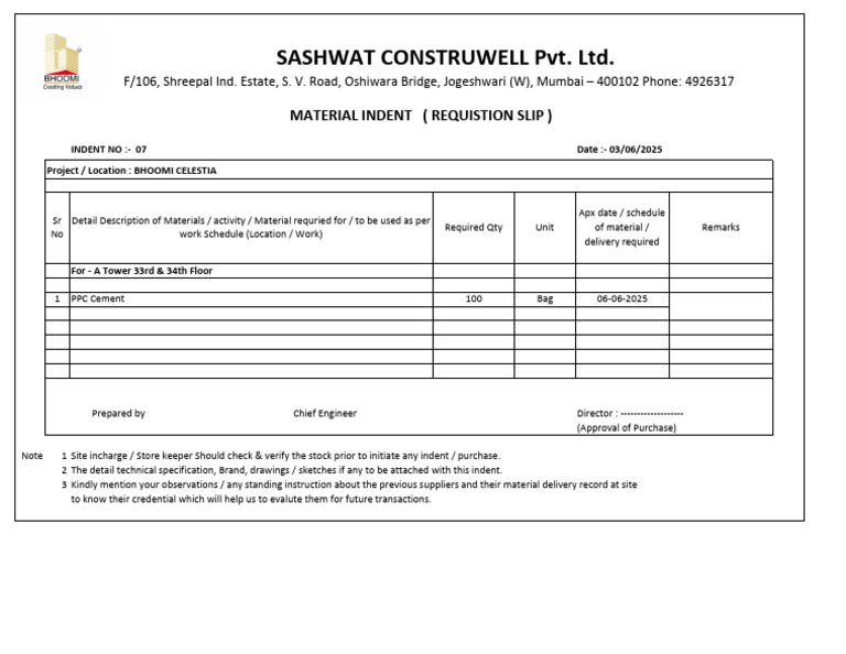 Material Requisition for Bhoomi Celestia | PDF