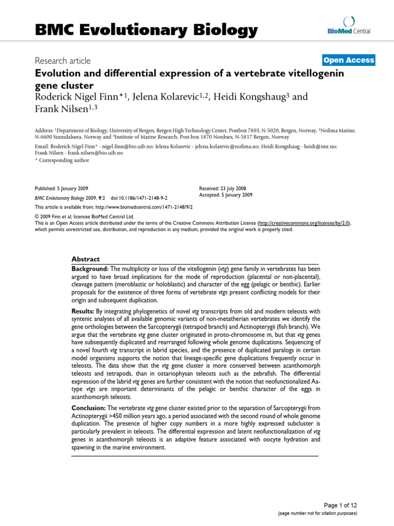 Evolution and Differential Expression of A Vertebrate Vitellogenin Gene ...