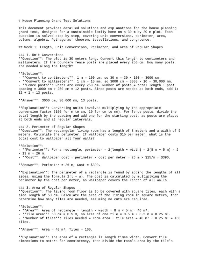 House Planning Grand Test Solutions | PDF | Area | Volume
