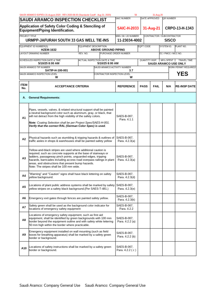 Saudi Aramco Inspection Checklist Guide | PDF | Valve | Gasoline