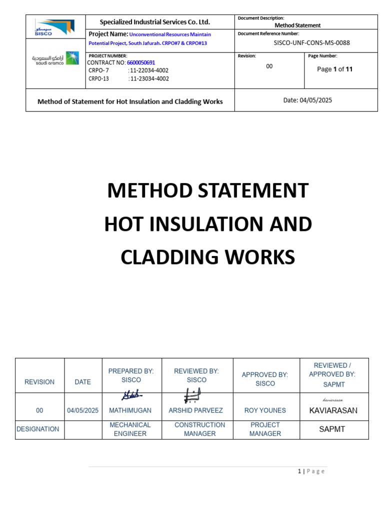 Hot Insulation & Cladding Method Statement | PDF | Thermal Insulation ...