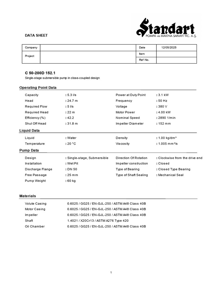 Submersible Pump Data Sheet C 50-200D | PDF | Machines | Mechanical ...