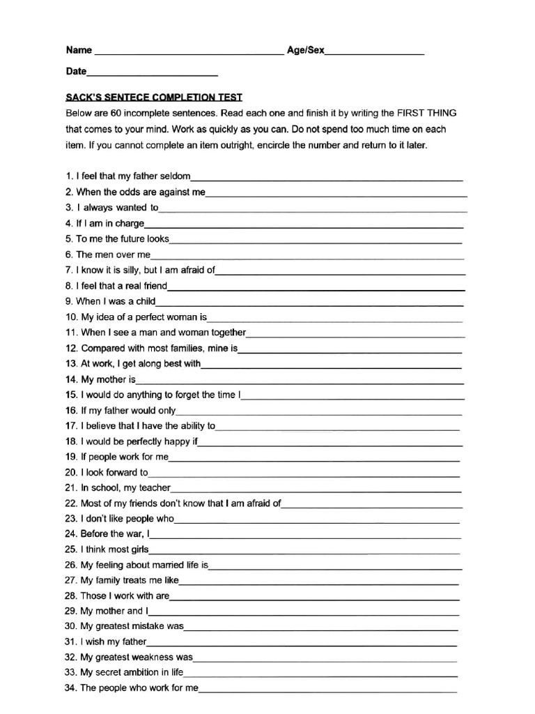 Sentence Completion Test Instructions | PDF