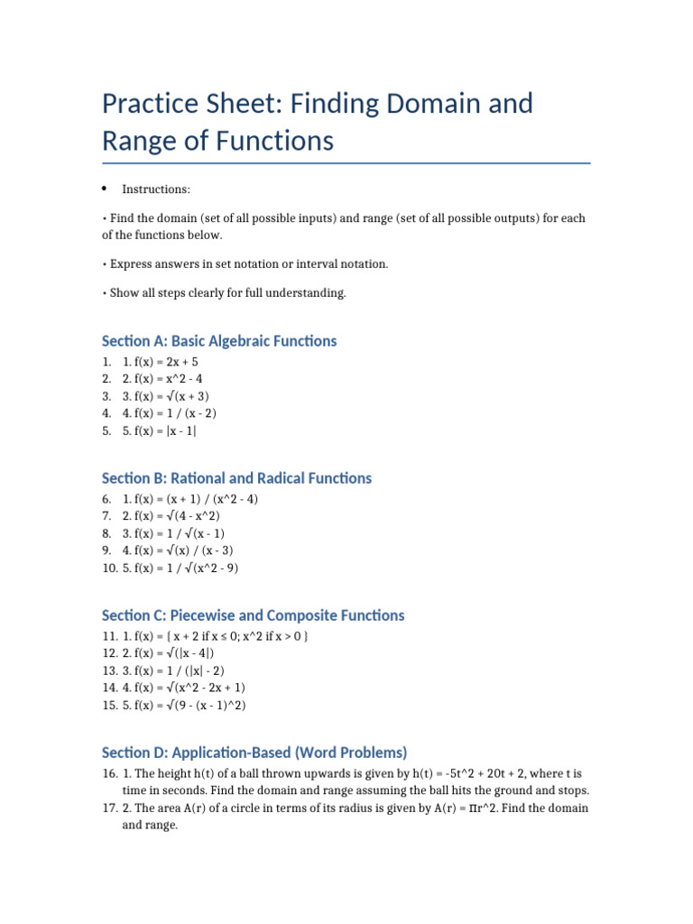 Domain and Range Practice Worksheet | PDF