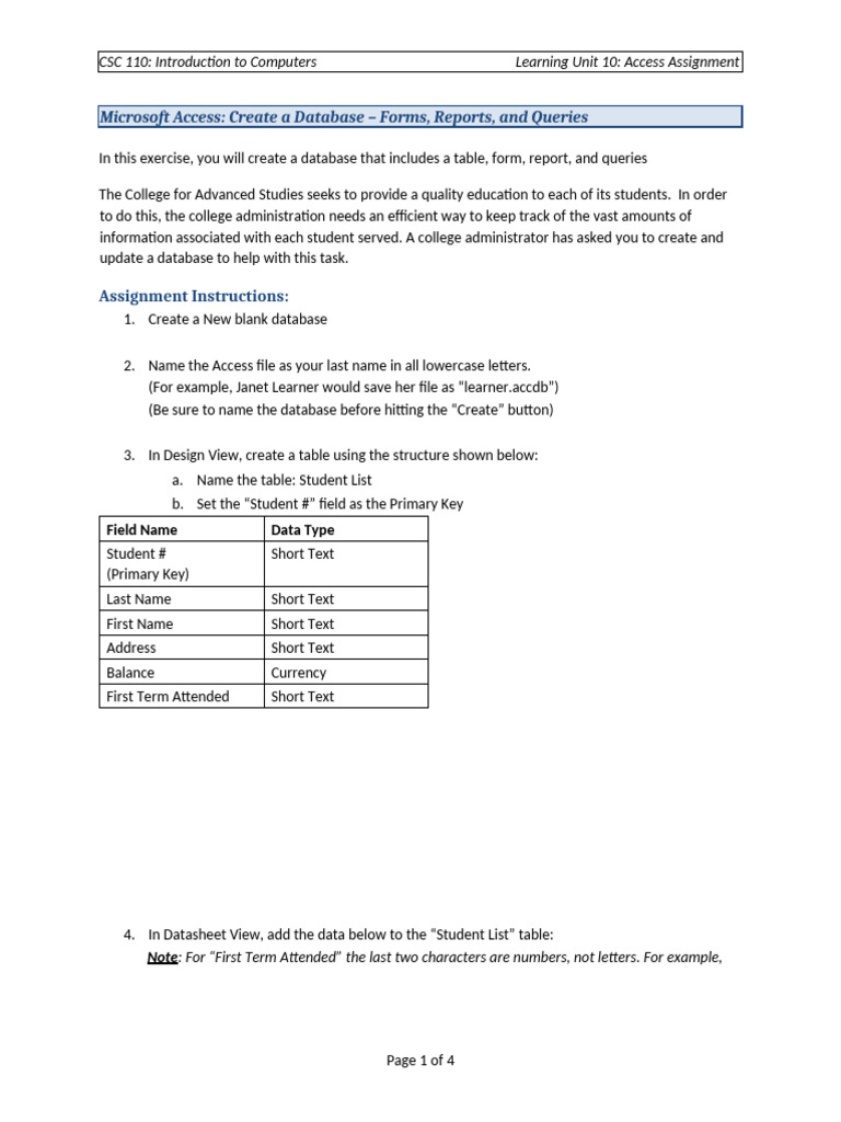 Access Database Creation Assignment | PDF | Databases | Microsoft Access