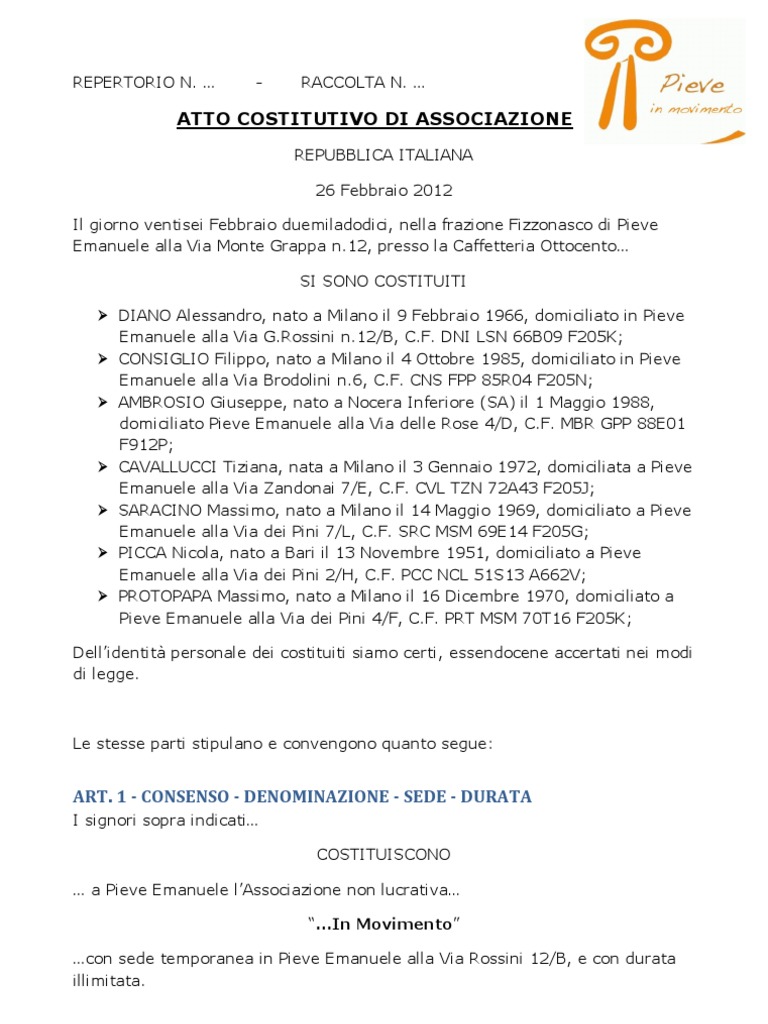 Atto Costitutivo Di Associazione PDF
