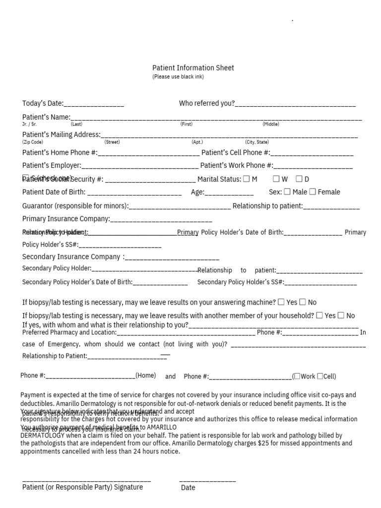 Patient Information Sheet PDF | PDF | Insurance | Pathology