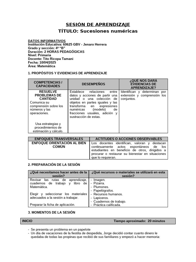 SESIÓN DE APRENDIZAJE Mat Razonam. | PDF | Aprendizaje | Enseñando