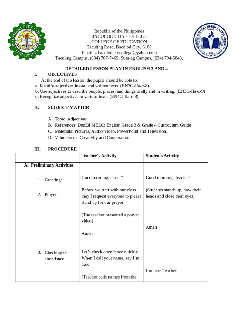 Detailed Lesson Plan: Adjectives in English | PDF | Adjective | Noun
