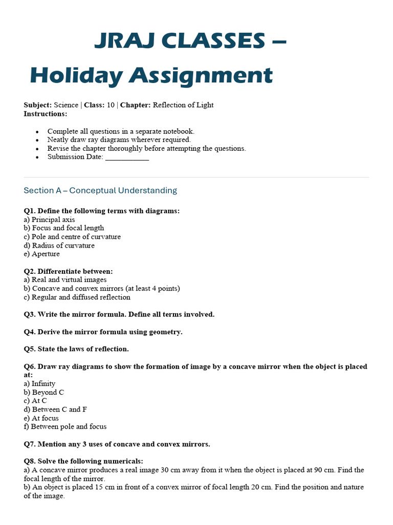 Class 10 Light Reflection Assignment | PDF | Optics | Light