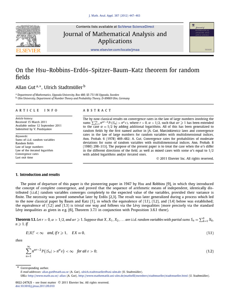 Hsu-Robbins Theorem for Random Fields | PDF | Mathematics ...