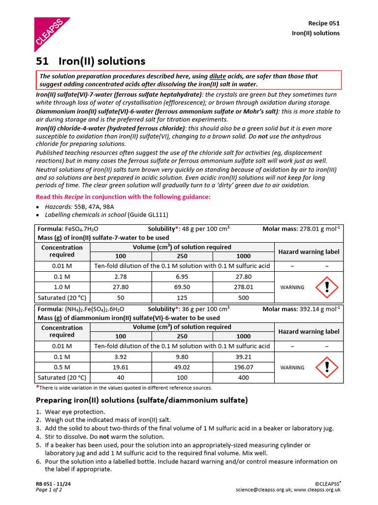 Iron(II) Solution Preparation Guide | PDF | Salt (Chemistry) | Materials