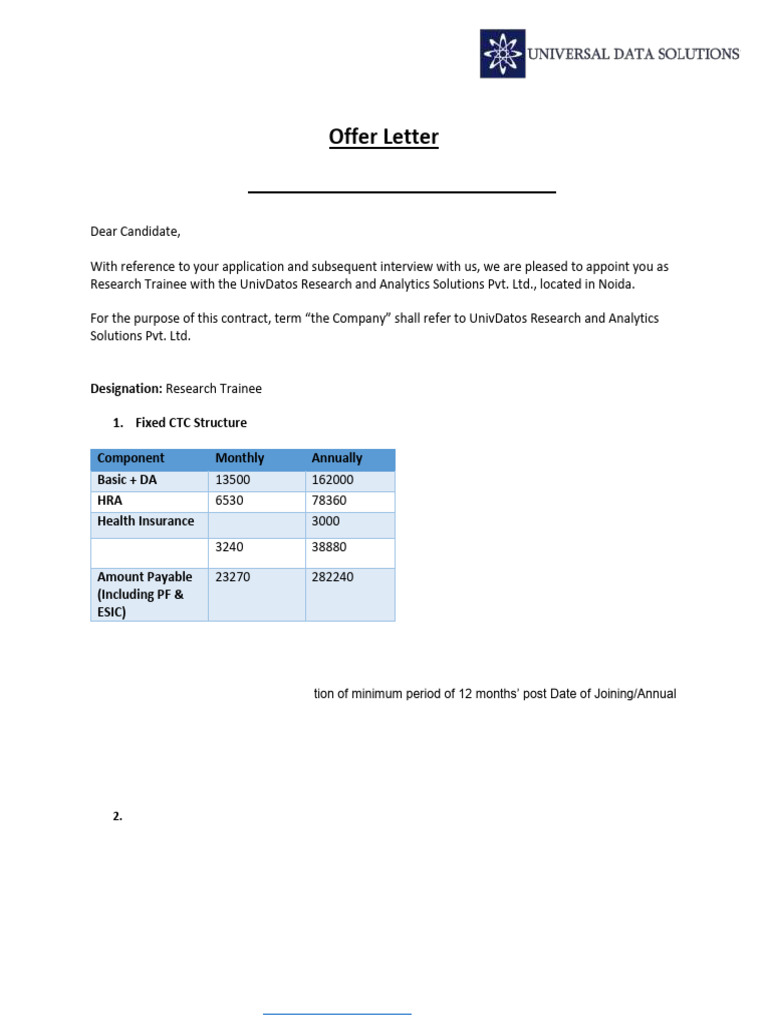 Research Trainee Offer Letter Details | PDF