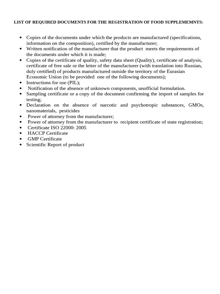 List of Required Documents For The Registration of Food Supplememnts | PDF