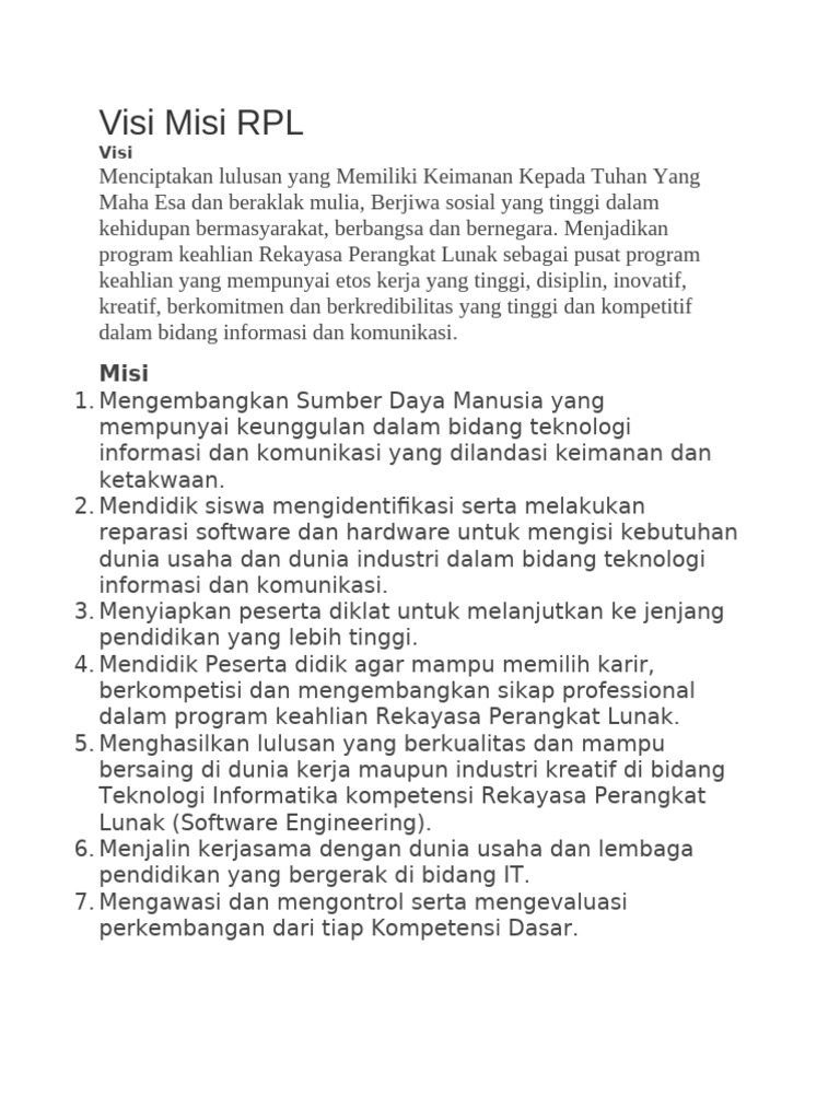 Visi Misi Program Rekayasa Perangkat Lunak | PDF
