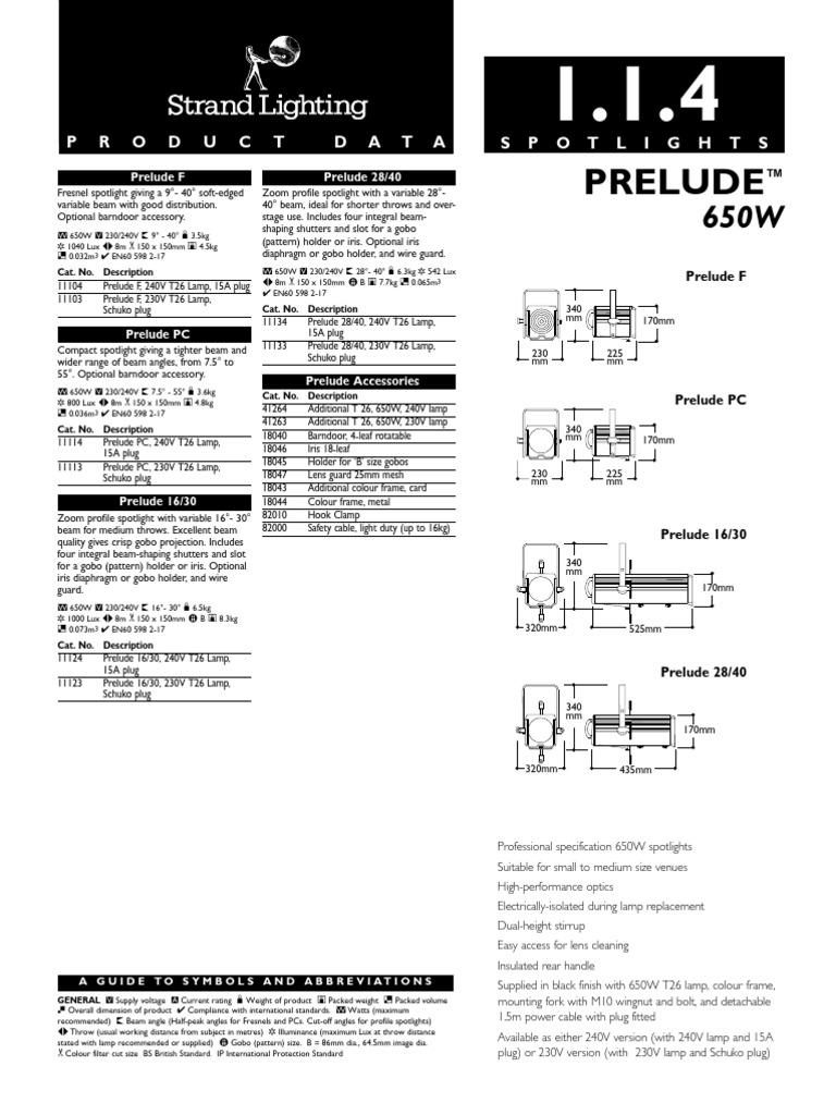 Prelude 650W Spotlight Specifications | PDF | Mains Electricity | Optics
