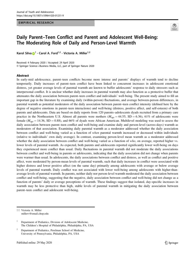 Daily Parent Teen Conflict and Parent and Adolescent WellBeing | PDF ...