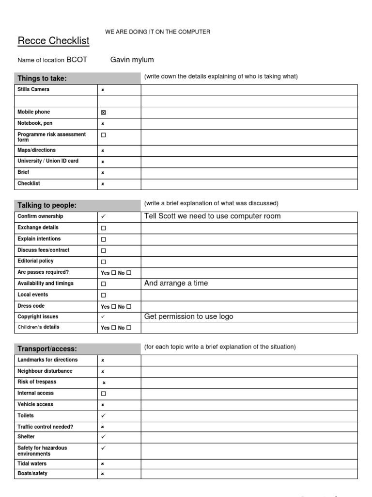 Recce Checklist | PDF