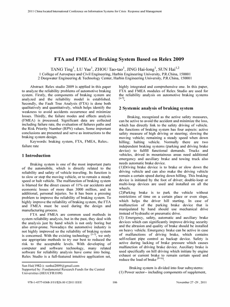 FTA and FMEA of Automotive Braking System | PDF | Reliability ...
