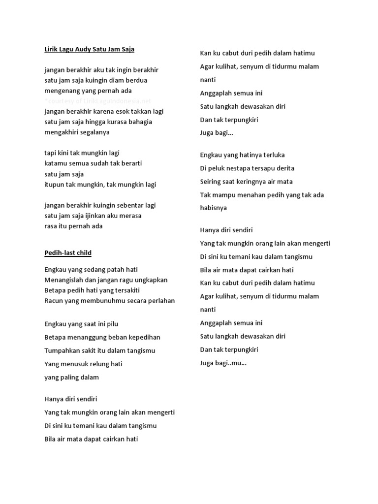 Lirik Lagu Audy Satu Jam Saja Pdf