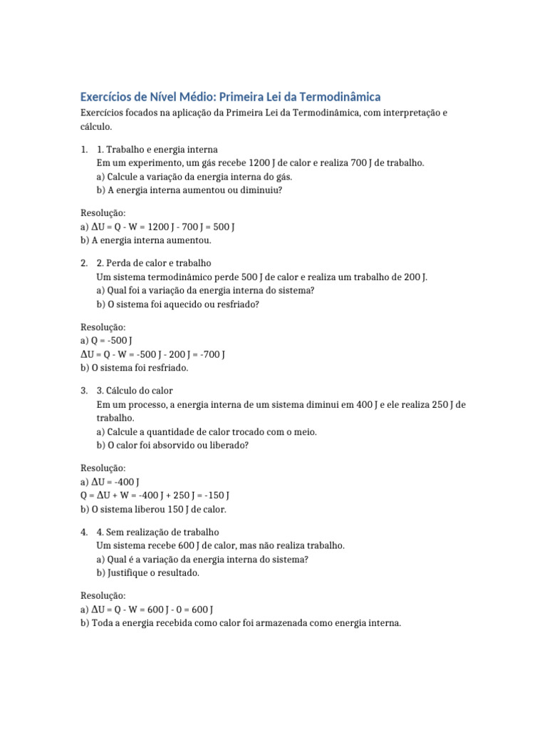 Exercícios sobre a Primeira Lei da Termodinâmica | PDF