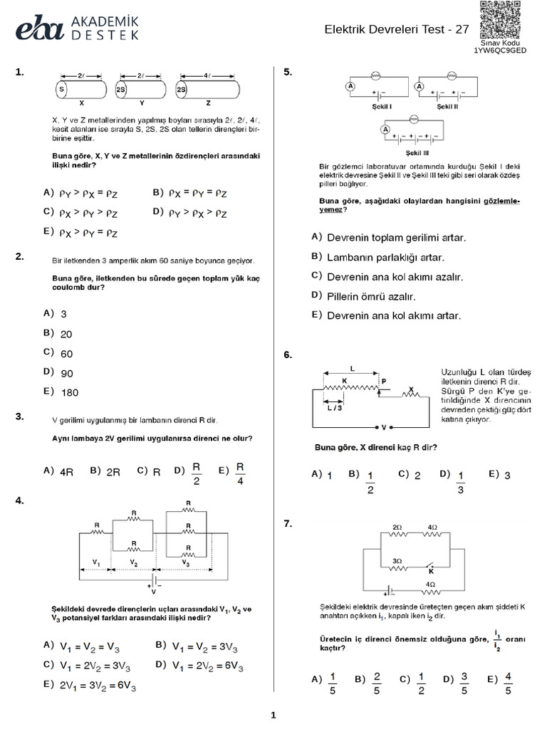 Elektrik Devreleri Test 27 | PDF