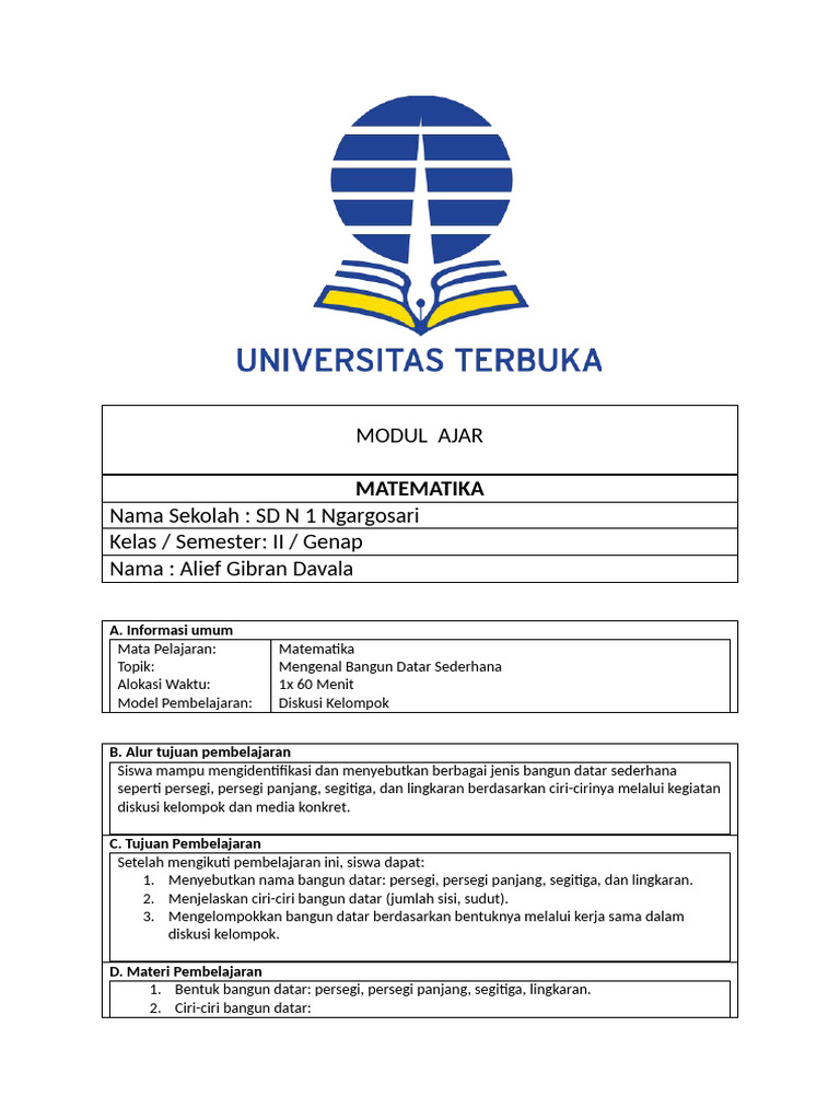 Modul Ajar Bangun Datar Kelas 2 SD | PDF