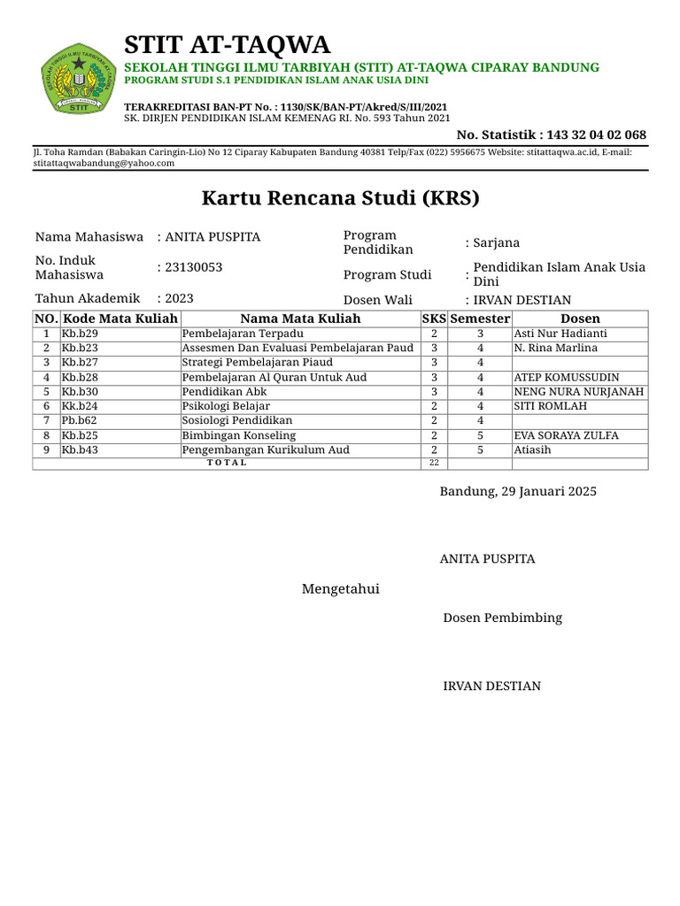 Kartu Rencana Studi STIT At-Taqwa | PDF