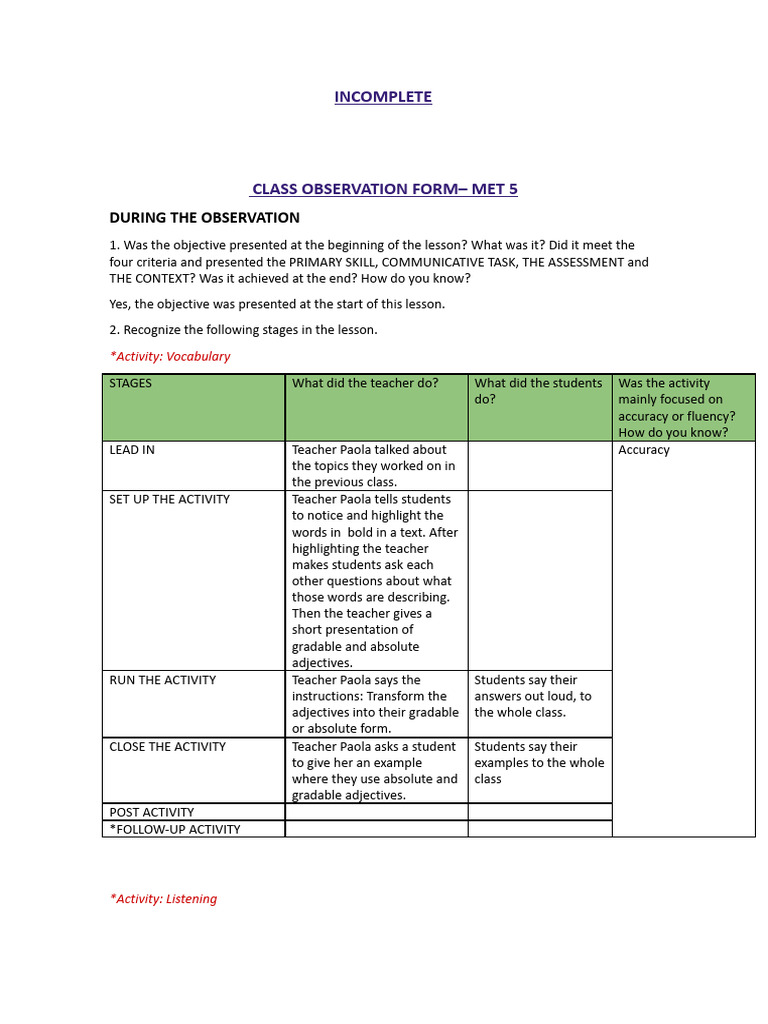 (IN PROGRESS) Sakura Velarde - OBSERVATION FORM | PDF | Word | Fluency