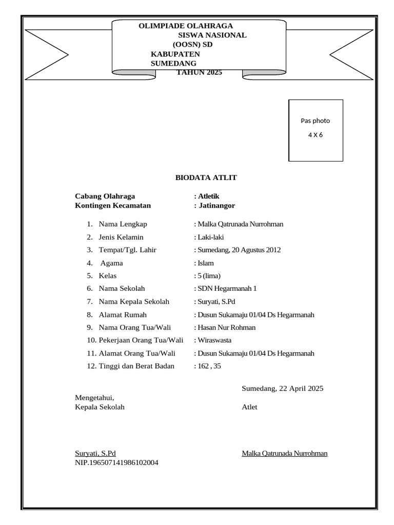 Biodata Atlet OOSN 2025: Malka Nurrohman | PDF