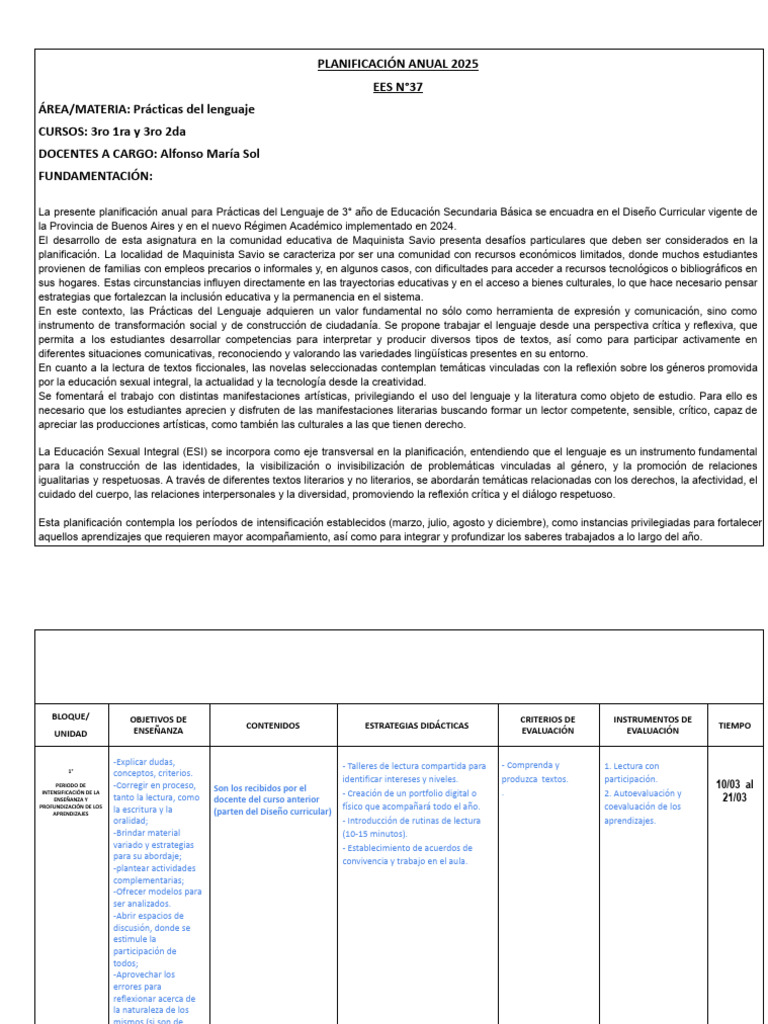 Planificación Anual 3ros EES N°37 2025 | PDF | Plan de estudios | Enseñando