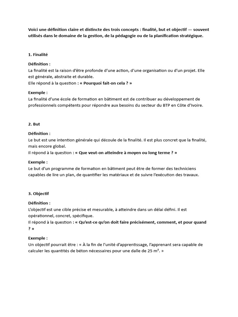Définition de finalité, but et objectif | PDF
