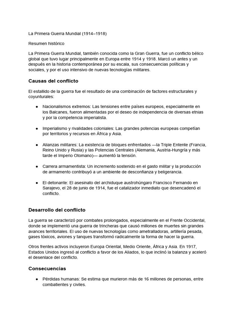 Causas y Consecuencias de la Primera Guerra Mundial | PDF | Primera ...