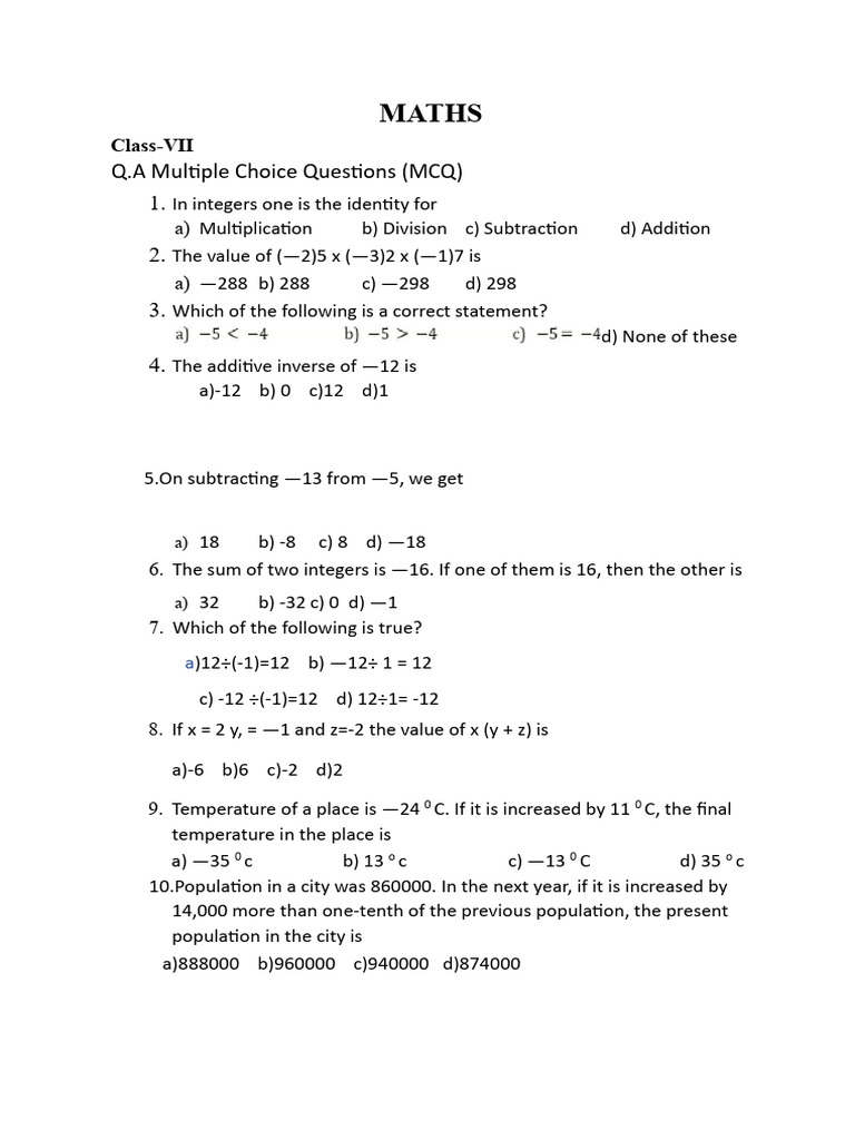 Class 7 Integers Worksheet MCQs | PDF | Integer | Abstract Algebra