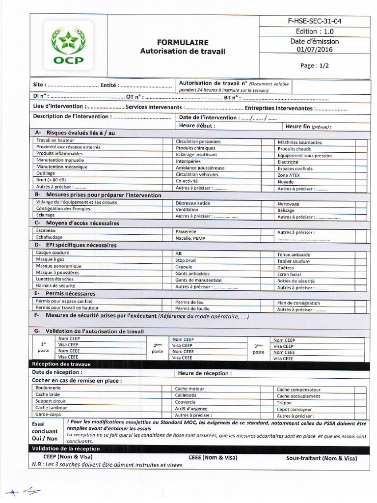 F HSE SEC 31 04 Formulaire Autorisation de Travail | PDF