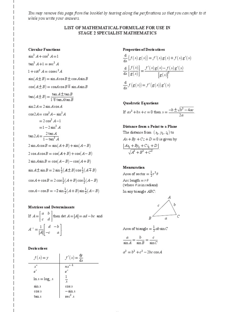 Specialist Mathematics Formulae Guide | PDF | Teaching Methods ...
