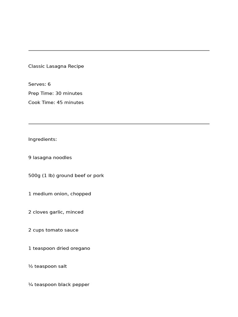 Classic Lasagna Recipe for 6 Servings | PDF