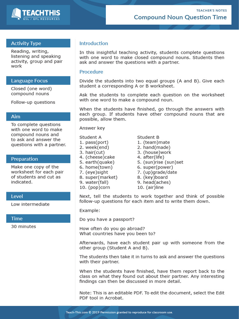 Compound Noun Question Activity | PDF | English As A Second Or Foreign ...