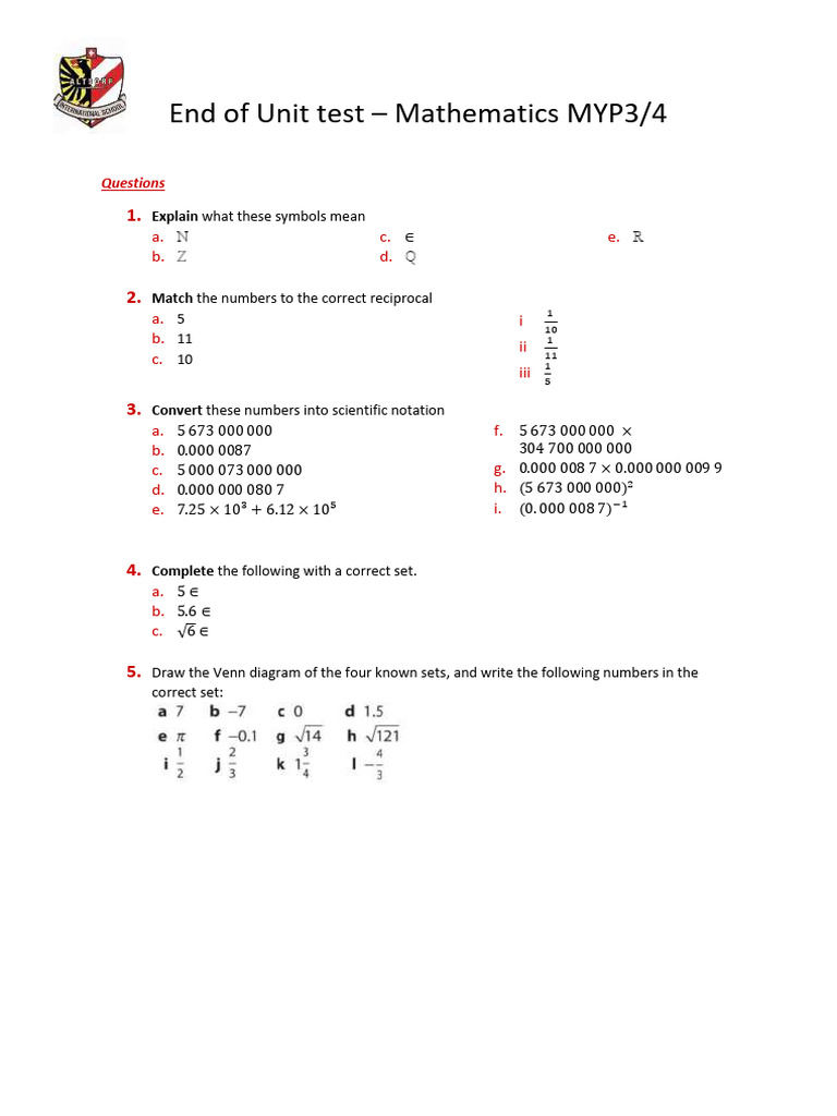 MYP3/4 End of Unit Mathematics Test | PDF | Significant Figures ...