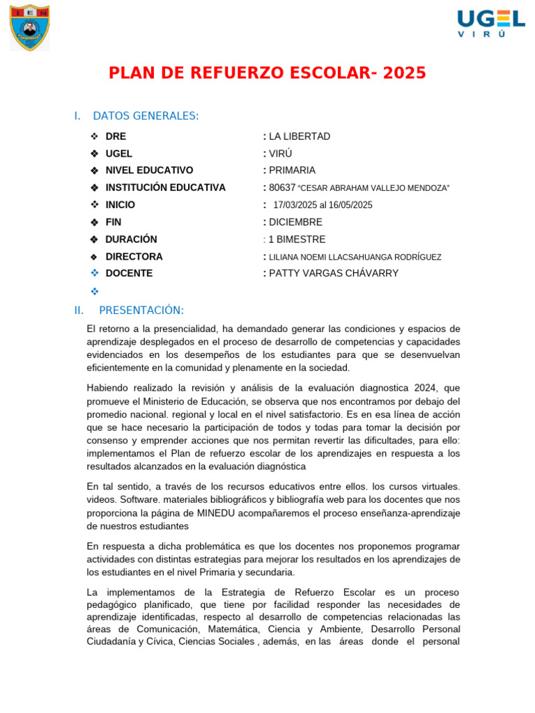 Plan de Refuerzo Escolar 2025 Primaria | PDF | Evaluación | Aprendizaje